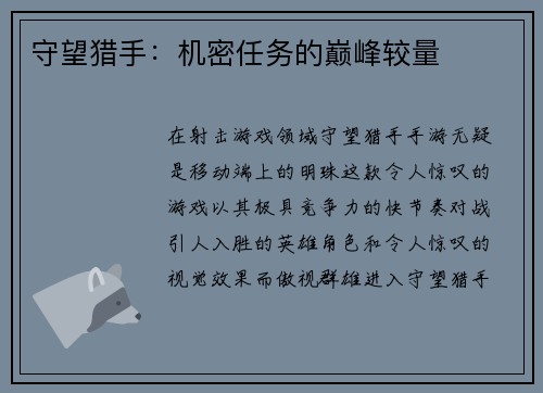 守望猎手：机密任务的巅峰较量